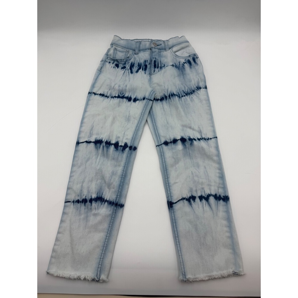 Justice Girls Mini Mom Jeans Size 8 Bleach Wash Blue Tie Dye Frayed Hem Stretch